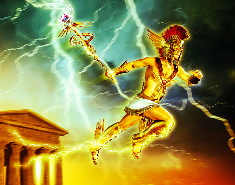 Hermes messenger of the Greek gods and patrons of traders, travelers speeding through the heavens, 3d render.
