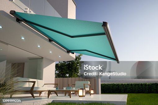 istock Awning and luxury house terrace, 3D illustration 1399199234