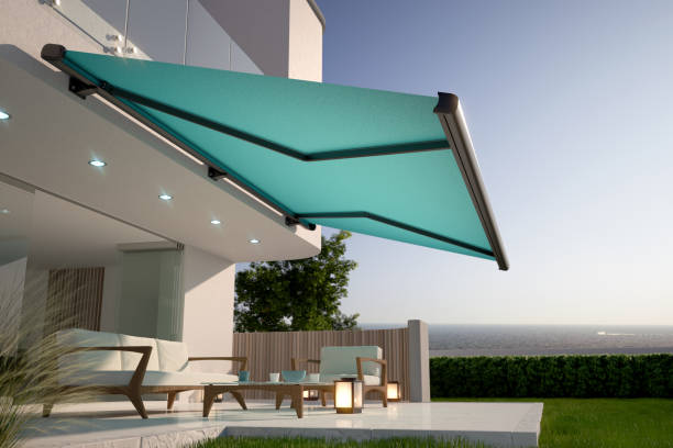 awning and luxury house terrace, 3d illustration - toldo objeto manufaturado imagens e fotografias de stock