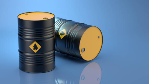 two barrels with oil on blue background, 3d illustration - toxic waste toxic substance drum barrel imagens e fotografias de stock