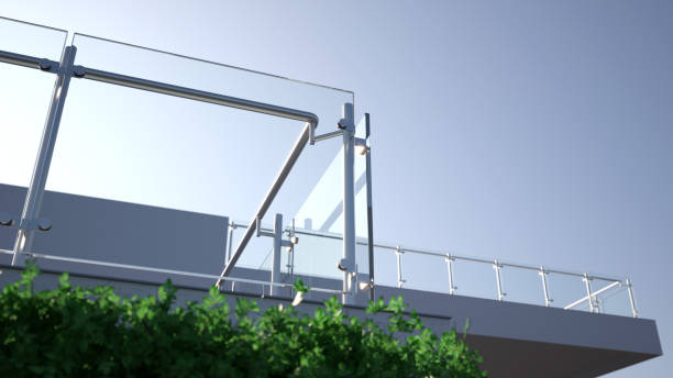 istock Modern stainless steel railing with glass panel and landscape view 1399200001