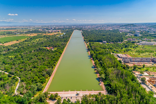 Aerial view of the rowing channel in Plovdiv, Bulgaria - (Bulgarian: Гребен канал. Пловдив, България). The picture is taken with DJI Phantom 4 Pro drone / quadcopter