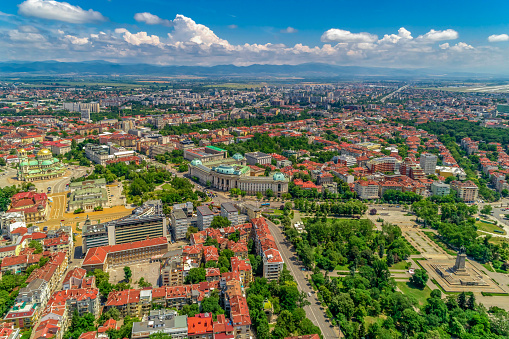 Wide aerial drone shot of downtown district, Sofia city, Bulgaria. The picture was taken at day time with DJI Phantom 4 Pro drone / quadcopter.