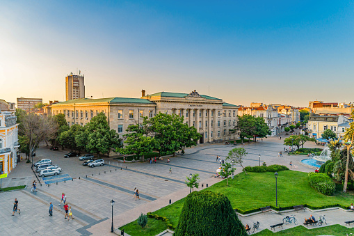 Aerial view of downtown district, town square and District Court of Ruse, Bulgaria - (Bulgarian: Съдебна палата Русе, България). The picture is taken with DJI Phantom 4 Pro drone / quadcopter