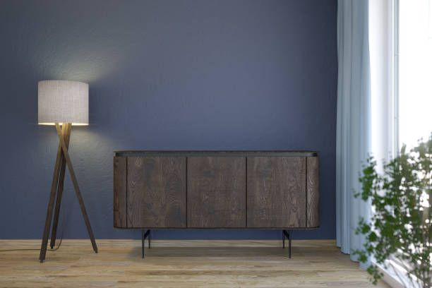 istock Classic interior with a lamp, dresser and blue wall, 3d illustration 1399200249