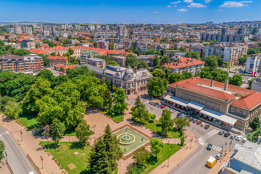 Aerial view of downtown district of Ruse, Bulgaria. Square in front Museum of History and Danube river - (Bulgarian: Исторически музей Русе, България).  The picture is taken with DJI Phantom 4 Pro drone / quadcopter.
