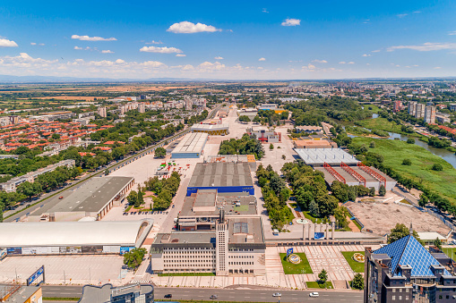 Aerial wide shot of building of the International Fair Plovdiv, Bulgaria. The Fairground is one of the largest exhibition venues in Southeast Europe (Bulgarian: Международен панаир Пловдив, България). The picture was taken with DJI Phantom 4 Pro drone / quadcopter.
