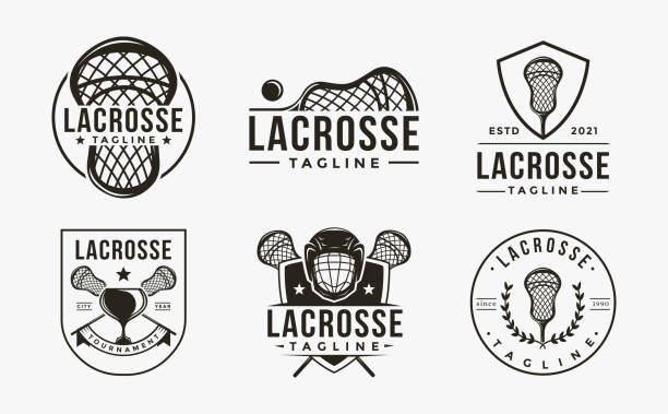set vintage siegel abzeichen lacrosse sport icon mit lacrosse equipment vector icon auf weißem hintergrund - lacrosse stock-grafiken, -clipart, -cartoons und -symbole