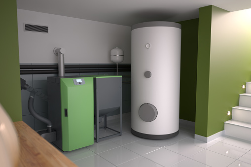 Sala de calderas - sistema de calefacción del hogar, ilustración 3D photo