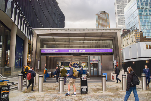 London, UK - May 24 2022: Newly opened Liverpool Street Station Elizabeth Line entrance, exterior view