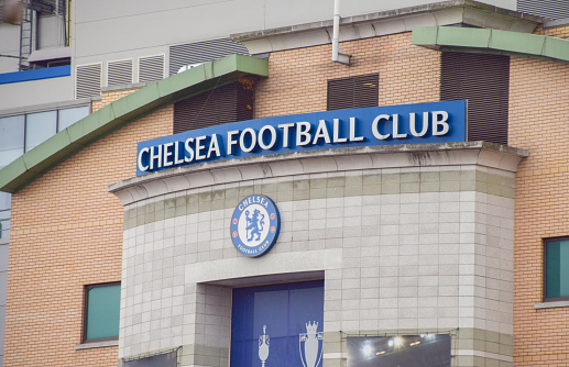 London, UK - March 11 2022: Stamford Bridge stadium, home of Chelsea football club, exterior daytime view.