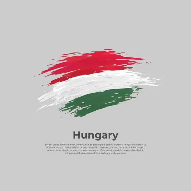 Vector illustration of Hungary flag. Brush strokes. Brush painted hungarian flag on a white background. Vector design national poster with, template. Place for text. State patriotic banner of hungary, cover. Copy space