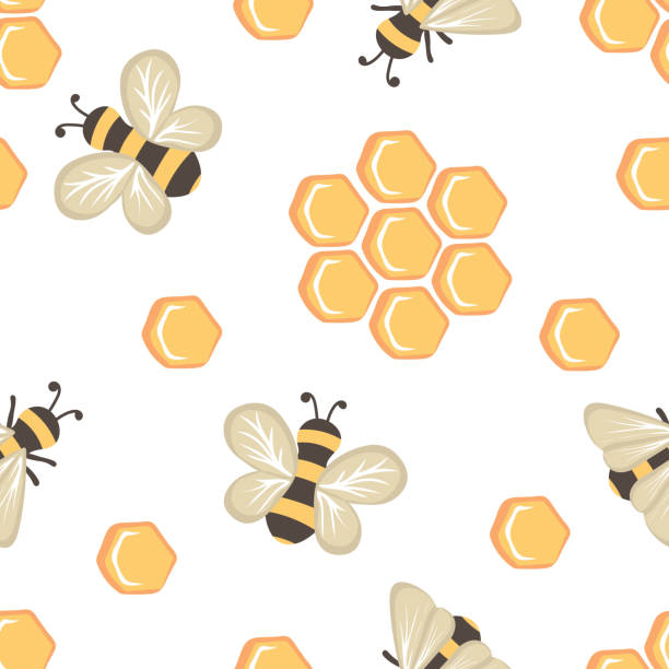 Seamless pattern with bees and honeycombs Seamless pattern with bees and honeycombs. Suitable for textile, fabric, wallpaper, wrapping. Hand drawn vector illustration honeycombs clip art stock illustrations