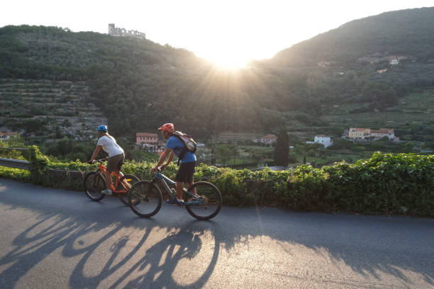 istock Mature couple ride mountain bikes, at sunrise 1399203353