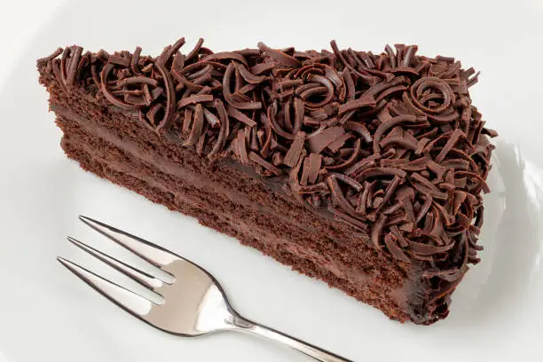 Slice of chocolate cake with cream filling and chocolate shavings next to fork isolated on white plate. Top view.