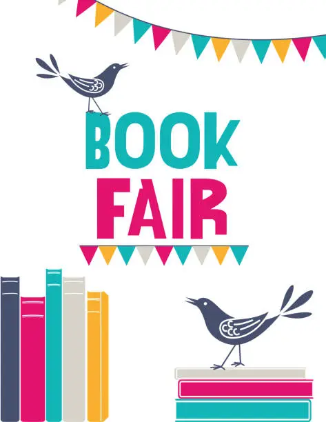 Vector illustration of Cute Flat Color Book Fair Flyer Template with Birds