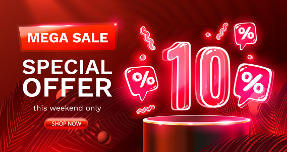 Mega sale special offer, Neon 10 off sale banner. Sign board promotion. Vector illustration