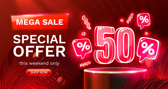 Mega sale special offer, Neon 50 off sale banner. Sign board promotion. Vector illustration