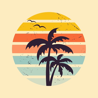 Vintage sunset graphic. Sunset in 80s or 90s style. Geometric style. Palm trees and seagulls on background of circle. Retro sunset in vintage style.  Flat vector illustration in grunge style.