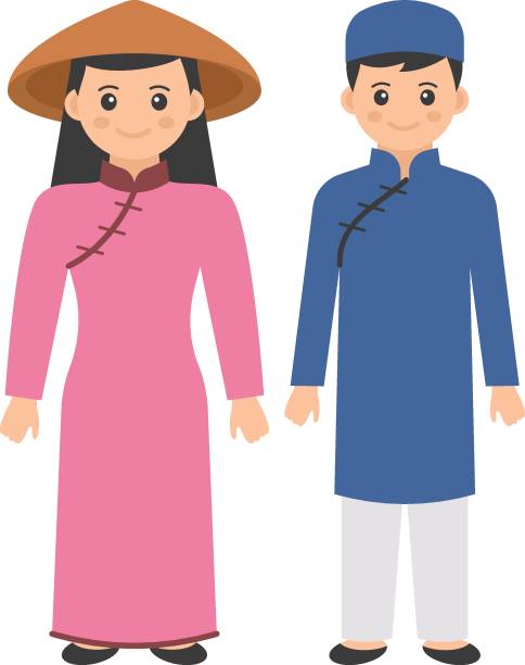 Vietnamese couple standing together Concept, Women in silk tunic with pants worn Man in ao dai with tet vector color icon design, World Indigenous Peoples symbol, characters in casual clothes Sign Vietnamese couple standing together Concept, Women in silk tunic with pants worn Man in ao dai with tet vector color icon design, World Indigenous Peoples symbol, characters in casual clothes Sign ao dai stock illustrations