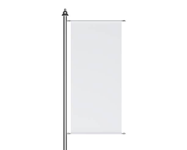 3D White street banner, ad textile stand on pole. Vertical rectangle flag hanging on metal frame, fabric promotion poster, blank billboard display isolated on background. Realistic 3d render mock up