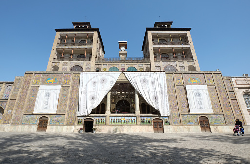 Low angle view of the Golestan Palace in Tehran city, Iran. Also known as the Rose Garden Palace. Former royal Qajar complex in Iran's capital city. Oldest historic monument and world heritage site.