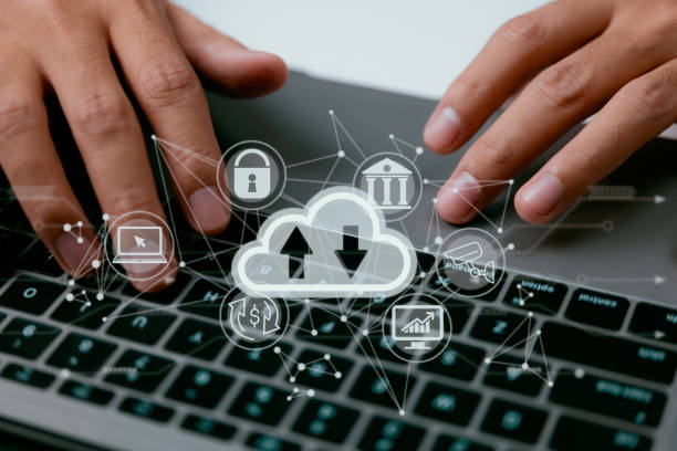 istock A cloud computing diagram is displayed on a laptop in the hands of a man. Networking and internet service principles for data storage in the cloud. 1399208457