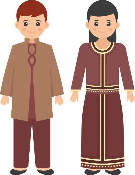 Vector illustration of Mongolian Couple Standing together Concept,  burgundy caftan with folded tunic vector color icon design, World Indigenous Peoples symbol, characters in casual clothes Sign, traditional dress stock