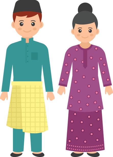 illustrations, cliparts, dessins animés et icônes de malaysian couple standing together concept, baju kurung costume vector color icon design, world indigenous peoples symbol, personnages en vêtements décontractés signe, illustration de stock de robe traditionnelle - vêtement traditionnel