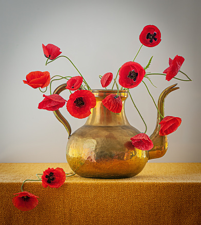 Still life with copper kettle / cauldron holding a bouquet of poppy flowers