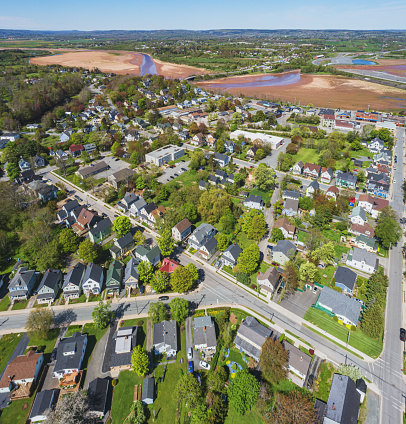 Aerial drone view of a Canadian small town landscape.