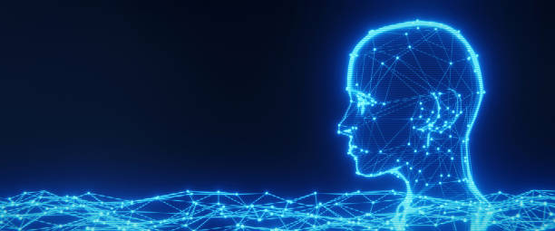 istock Hologram of human head made of wireframe plexus structure. Concept of artificial intelligence. 3D rendering 1399210030