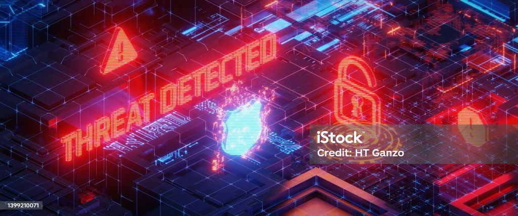 Isometric illustration of a hacking attack or security breach. 3D rendering Threats Stock Photo