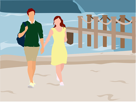 Flat design vector illustration with a trendy young couple walking at a beach along the water.