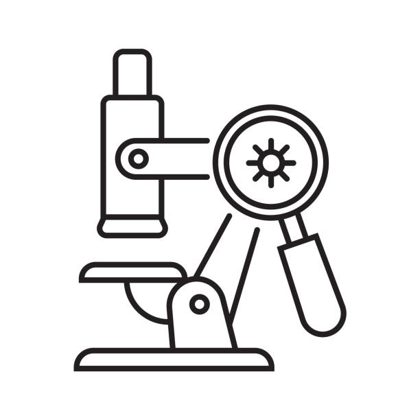 Microscope with bacteria, virus icon in line, outline style. Chemical laboratory. Microscope with bacteria, virus icon in line, outline style. Chemical laboratory. Viral infection, amoeba, infusoria simple sign for app, web. Colony of bacteria, microbe on Petri dish illustration. chlamydomonas stock illustrations