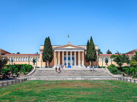 Athens, Greece - May 21 2022: Zappeio Megaro, or just Zappeion, a palatial building next to the National Gardens in the heart of the city.