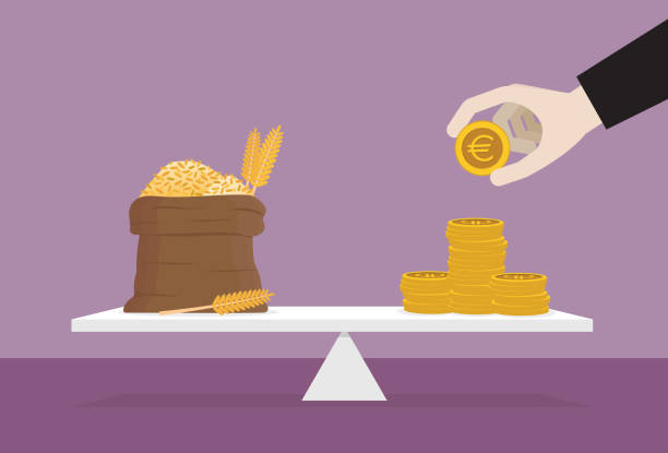 Wheat and a stack of euro coins on the lever Food crisis, Famine, Supply chain, Inflation, Finance, Price money shortage stock illustrations
