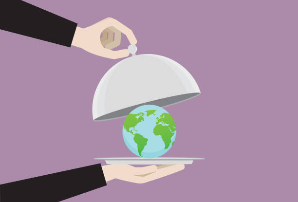 A globe in a food cloche Environment, Population, Global warming, Malnutrition, Zero Waste, Sustainable, Food crisis, Price malnourished stock illustrations