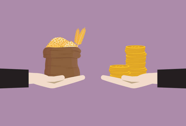 Businessman exchange between wheat and money Food crisis, Famine, Supply chain, Inflation, Finance, Price money shortage stock illustrations