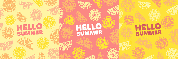 Hello Summer Citrus Backgrounds Collection, Square Template. Lemon, Orange, Grapefruit and Lime Juicy Backgrounds, suitable for Cafes, Menus, Restaurants, Prints and Designs.