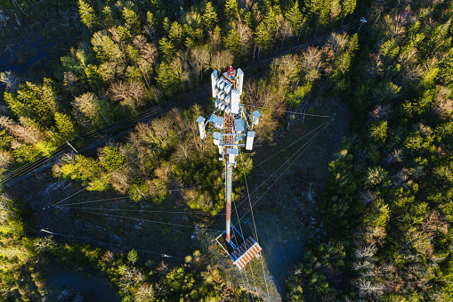 Aerial drone view of a communications tower.