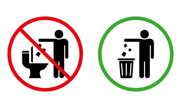 harap simpan tanda siluet bersih. stiker sampah drop terlarang. diperbolehkan membuang sampah sembarangan, sampah di ikon sampah. peringatan buang sampah ke keranjang. hati-hati tidak ada dump. ilustrasi vektor terisolasi - toilet umum ilustrasi stok