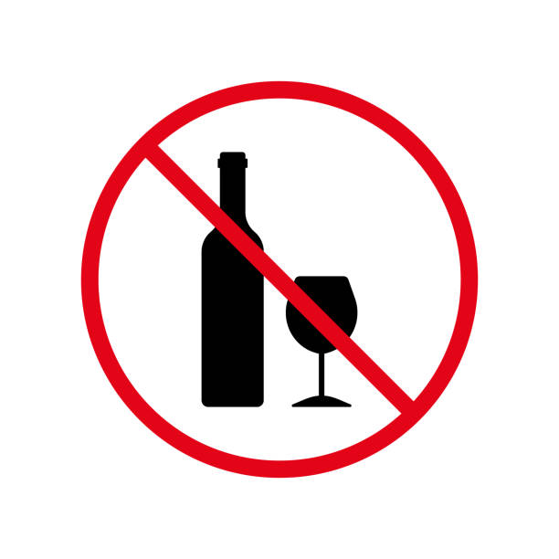 stockillustraties, clipart, cartoons en iconen met ban alcohol black silhouette icon. drink alcohol forbidden pictogram. wine bottle and glass red stop sign. dry january symbol. non allowed alcohol. warning no drunk. isolated vector illustration - dry january