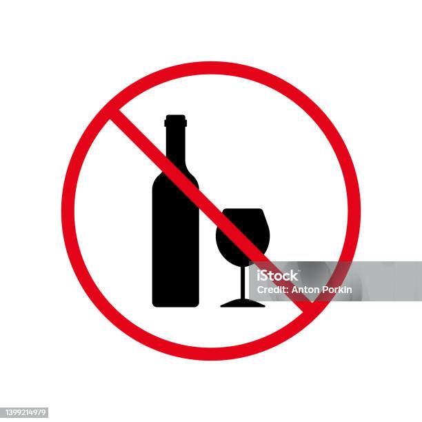 Ban Alcohol Black Silhouette Icon Drink Alcohol Forbidden Pictogram Wine Bottle And Glass Red Stop Sign Dry January Symbol Non Allowed Alcohol Warning No Drunk Isolated Vector Illustration Stockvectorkunst en meer beelden van Droog