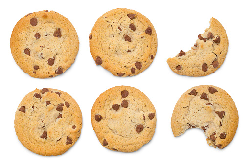 Various Chocolate Chip Cookies Cut Out on White.
