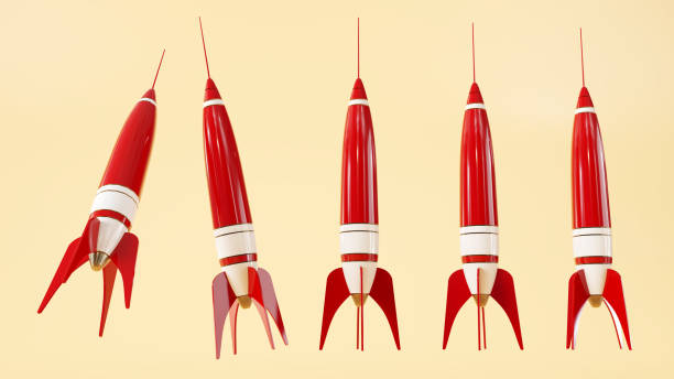 istock set of red Launching rocket model taking off against yellow background. 1399216329
