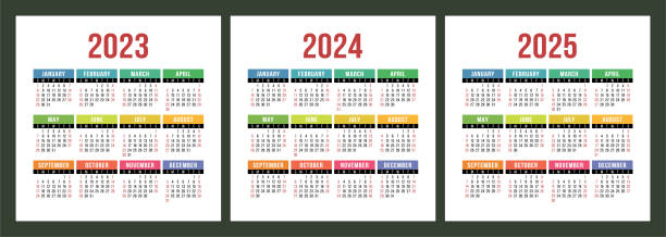 カレンダー2023年、2024年、2025年。正方形ベクトルカレンダー設計テンプレート。英語のカラフルなセット。週は日曜日に始まります。1月, 2月, 3月, 4月, 5月, 6月, 7月, 8月, 9月, 10月, 11月, 12月 - 3 4 years点のイラスト素材／クリップアート素材／マンガ素材／アイコン素材