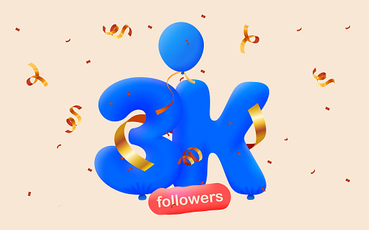 Banner with 3K followers thank you in form 3d  blue balloons and colorful confetti. Vector illustration 3d numbers for social media 3000 followers thanks, Blogger celebrating subscribers, likes