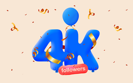 Banner with 4K followers thank you in form 3d  blue balloons and colorful confetti. Vector illustration 3d numbers for social media 4000 followers thanks, Blogger celebrating subscribers, likes