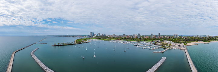 Chicago Skyline aerial view with park and marina full of boats